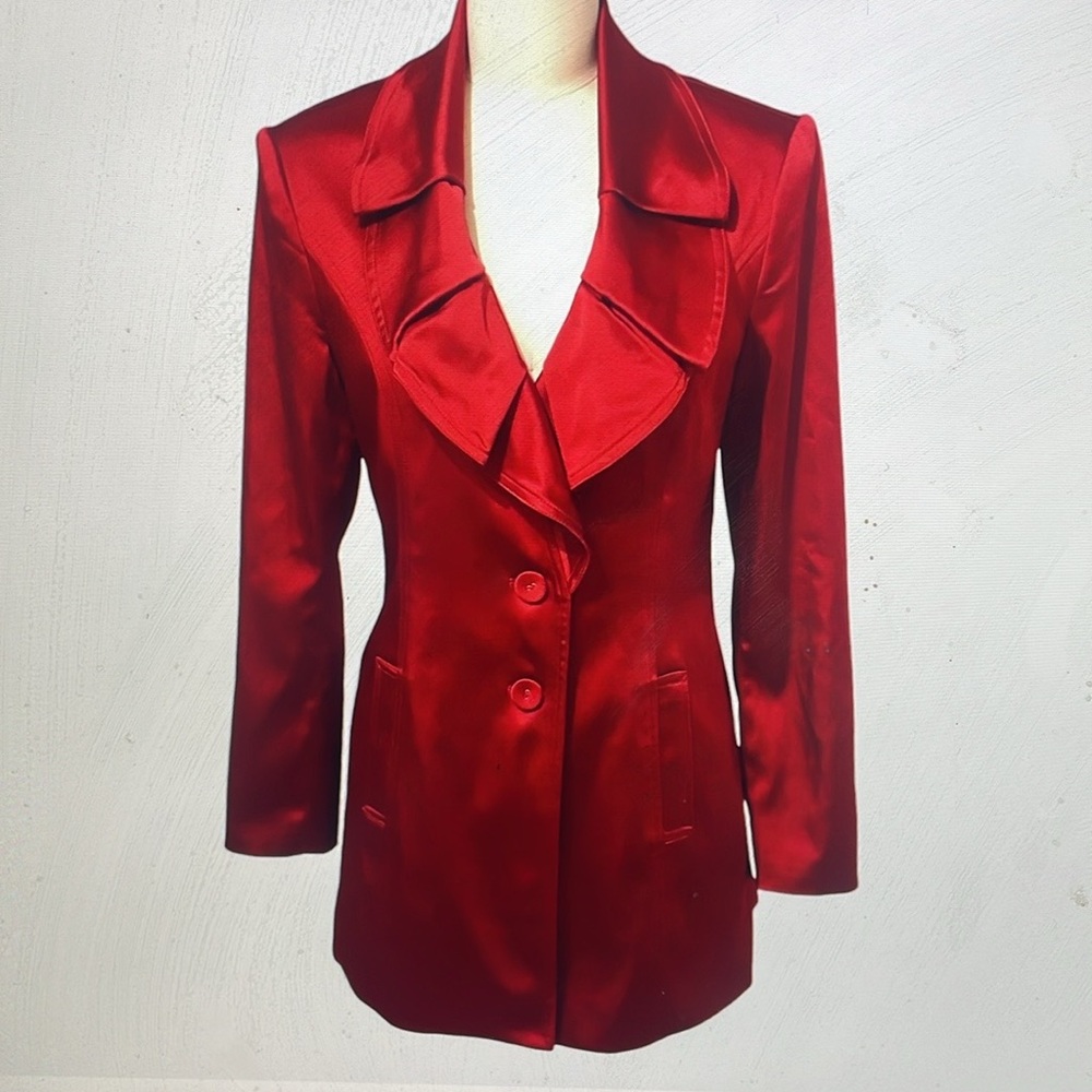 Cache Red heavy satin evening blazer with waist tie.  Beautiful shade of red! - Picture 7 of 8